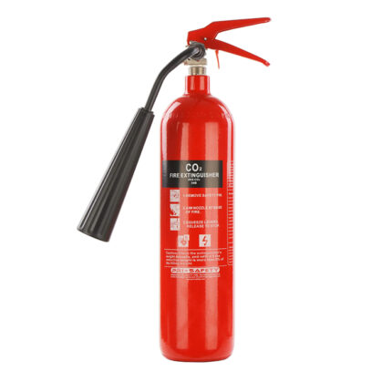 Extincteur CO₂ de 2 kg rouge avec poignée métallique et diffuseur, conçu pour éteindre les feux de classe B et électriques.