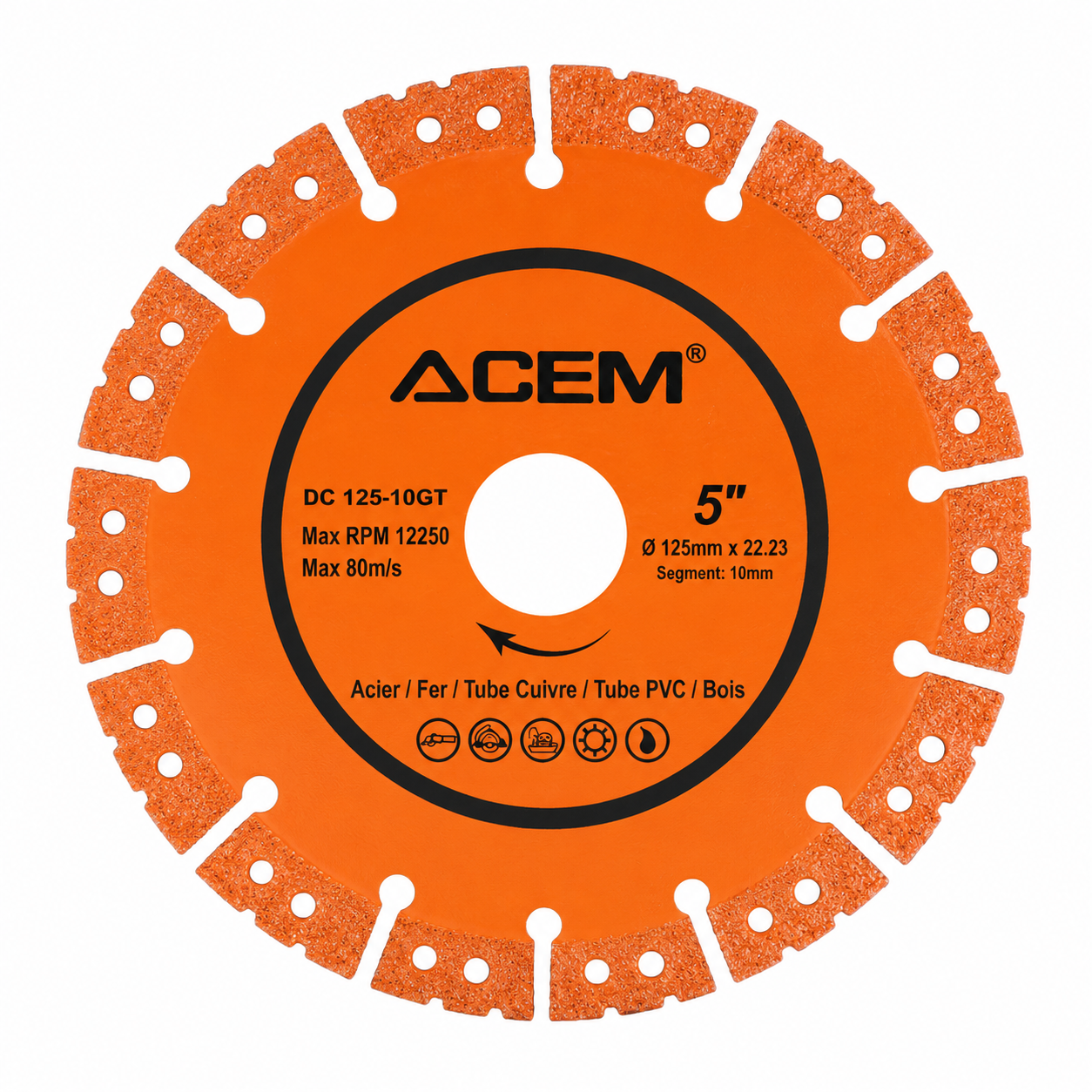 17479627-887e-4030-897e-ed30ff0dd012 DISQUE DIAM MULTI-FONCTION ACIER/CUIVRE/PVC/BOIS DC125-10GT 125X10X22.23 ACEM – Image 1