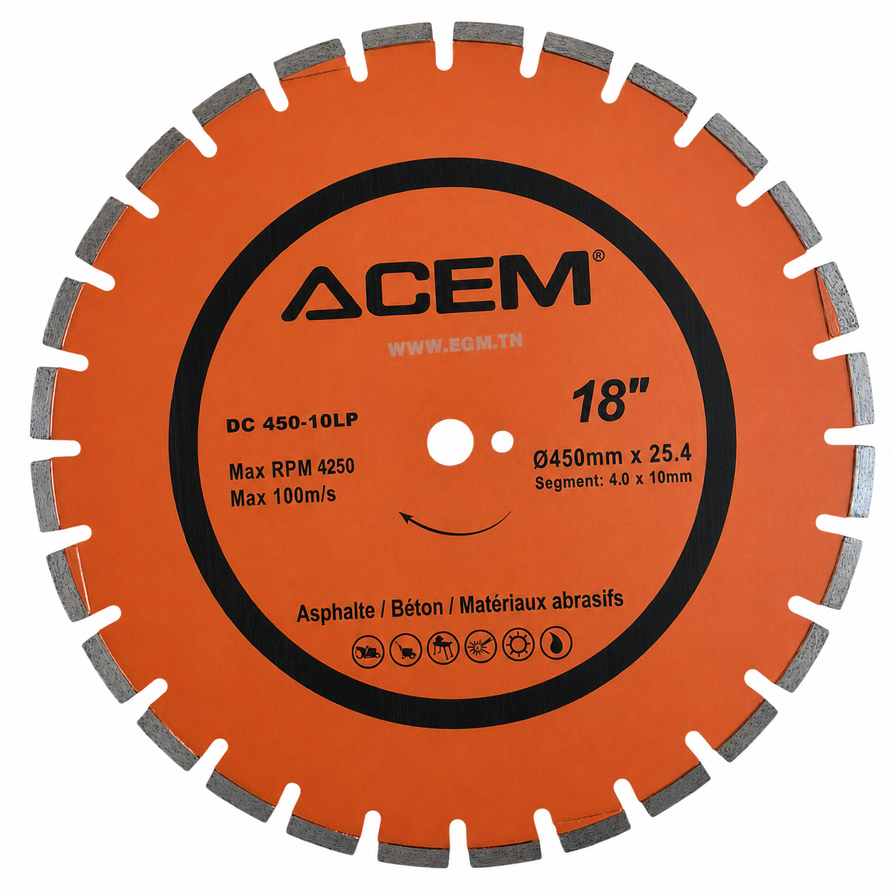 e3cabdf7-9677-4433-a7c0-79b4abc90494 DISQUE DIAMANT ASPHALT/BETON/MATERIAUX 450X4.0X25.4/20 10LP ACEM – Image 1