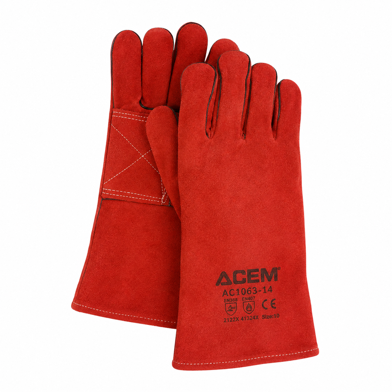 f4c41621-e9fa-408f-a710-643a97784780 PAIRE DE GANT ANTI-CHALEUR EN CUIRE P SOUDEUR 14" ROUGE AC 1143 ACEM – Image 1