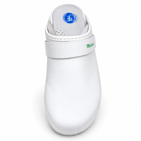 Sabot médical blanc à bride pivotante.