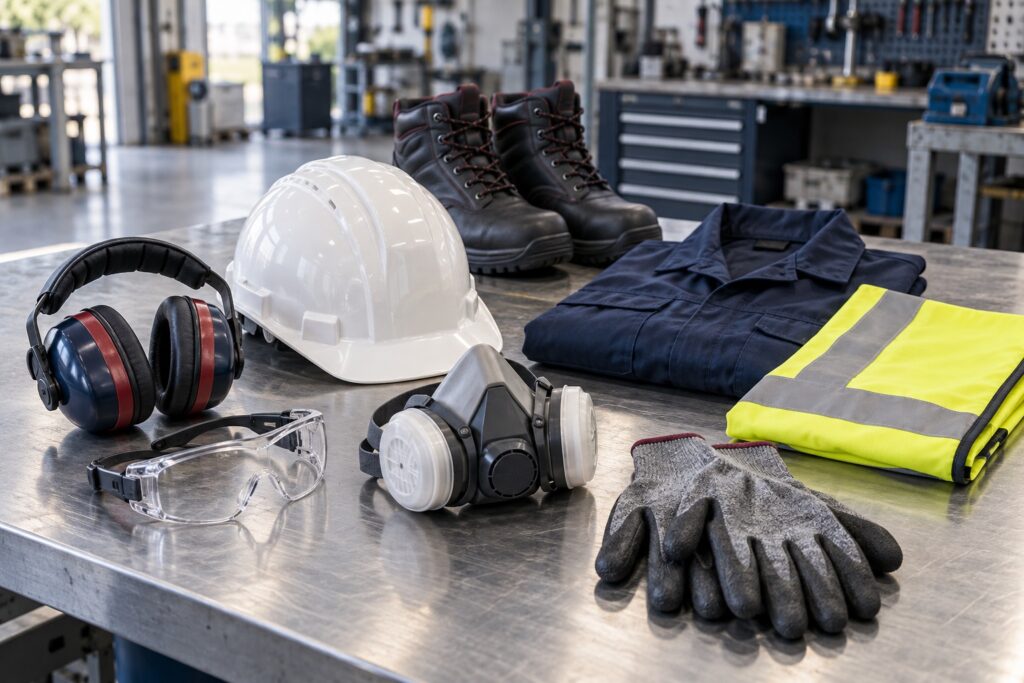 Casque, lunettes, gants, chaussures et protections respiratoire et auditive sur un établi d’atelier.